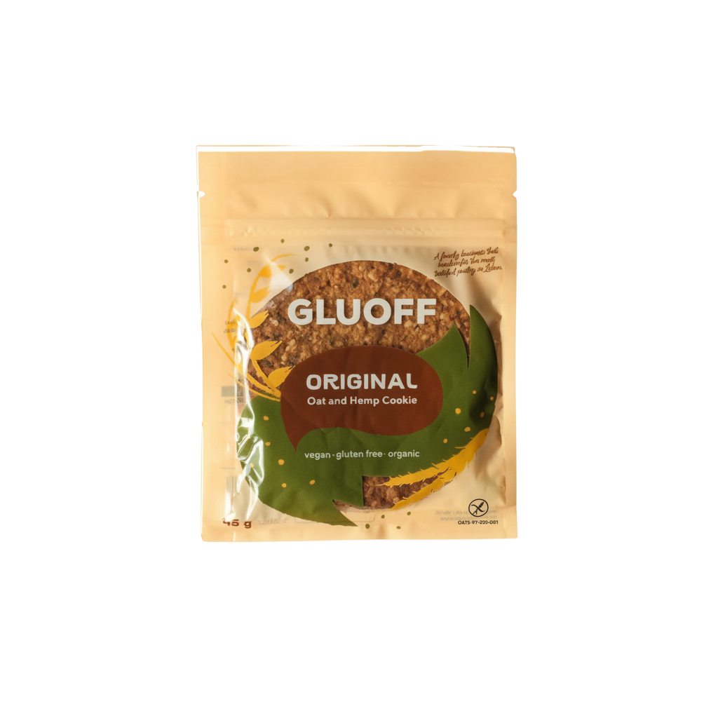 Colheita GLUOFF original gluten-free oat and hemp cookie in a 45g vegan organic snack pouch