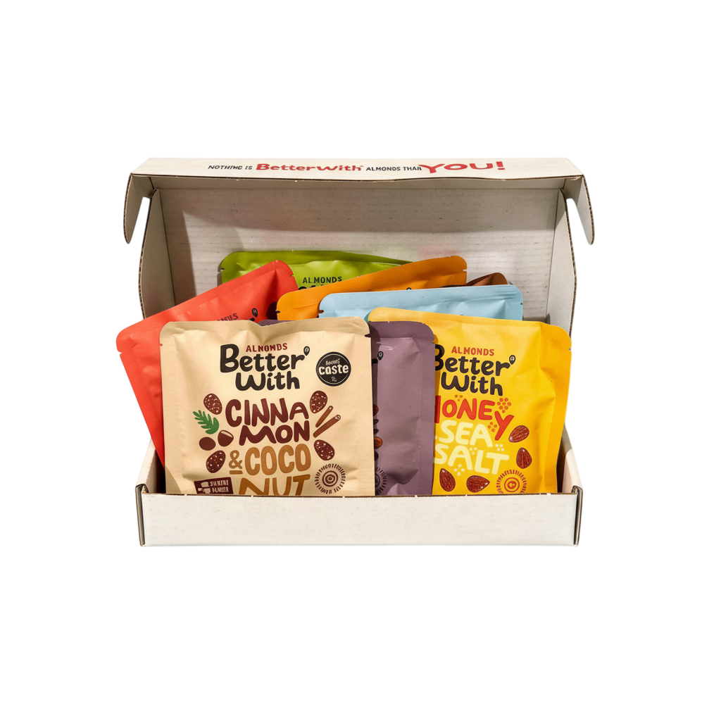 Colheita variety pack of single-serve Mediterranean almond sachets in a white cardboard display box.