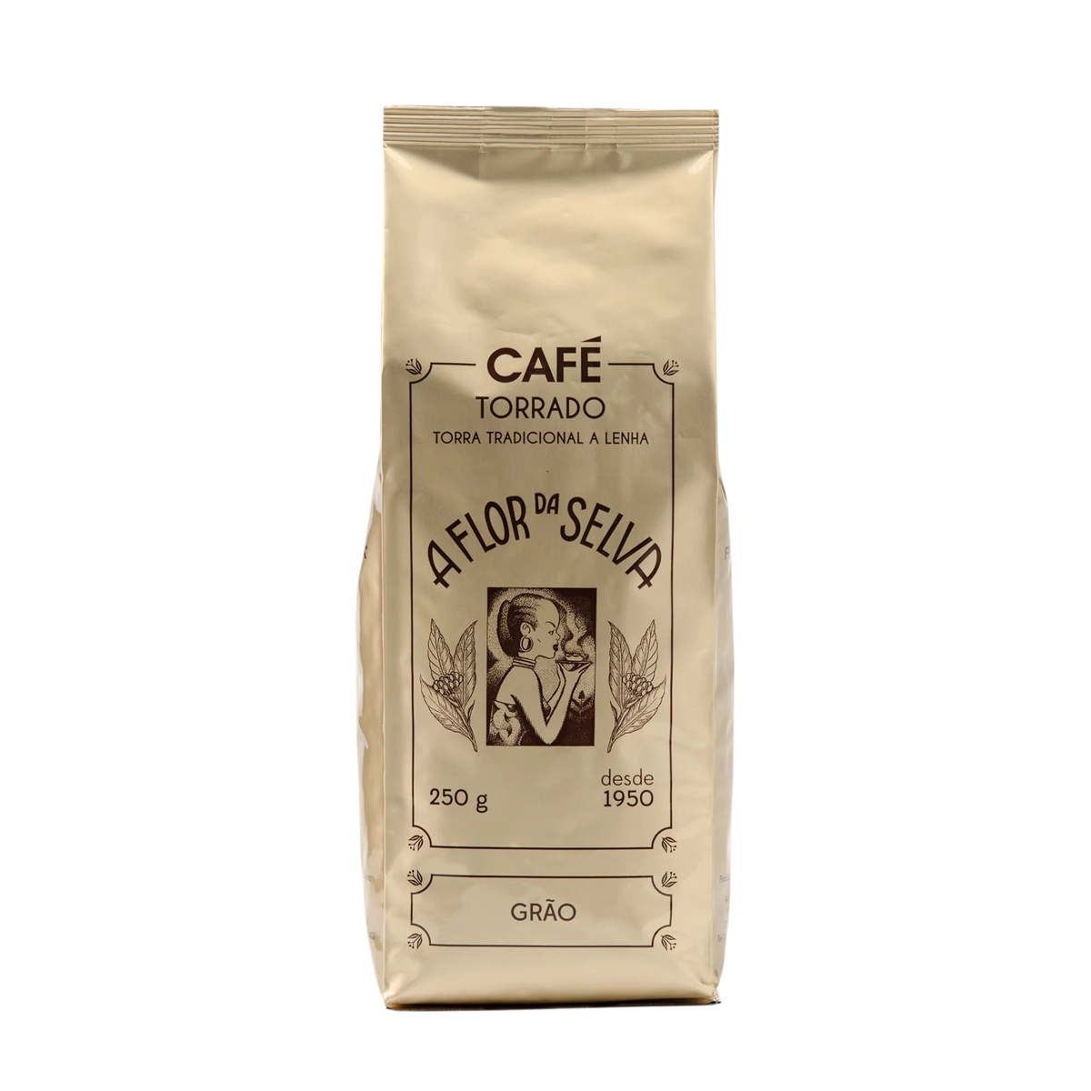 Colheita Lote Tradição 100% Arabica whole bean coffee in a gold 250g bag with traditional wood-fired branding.