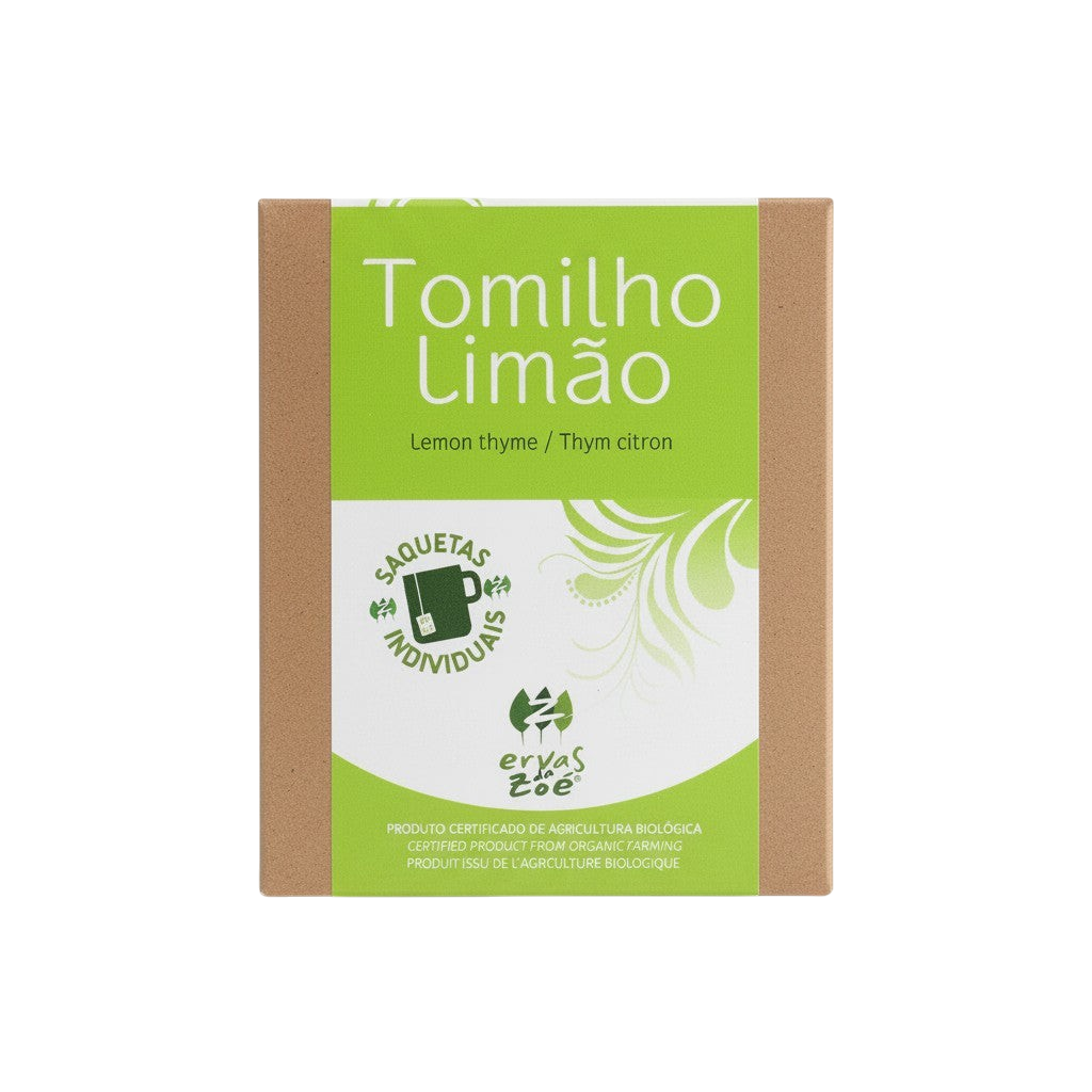 Colheita organic lemon thyme single herb tea sachets in a sustainable brown and green cardboard box