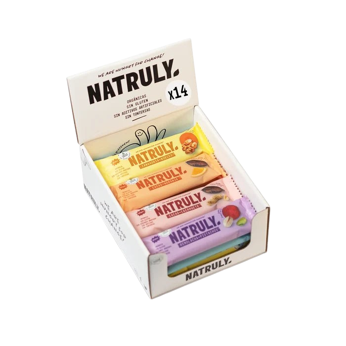 Colheita display box containing 14 assorted organic raw date and nut bars in various flavors