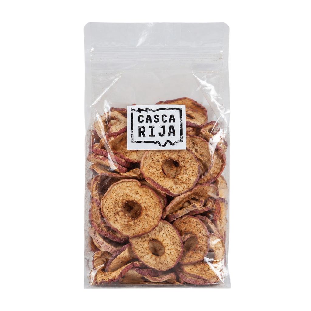 Colheita dried apple rings in a clear plastic pouch with a white label against a plain background