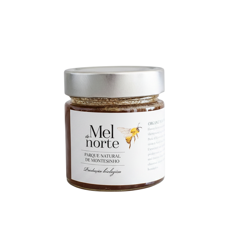 Colheita multi-floral honey in a glass jar with a silver lid and a label featuring a bee illustration.