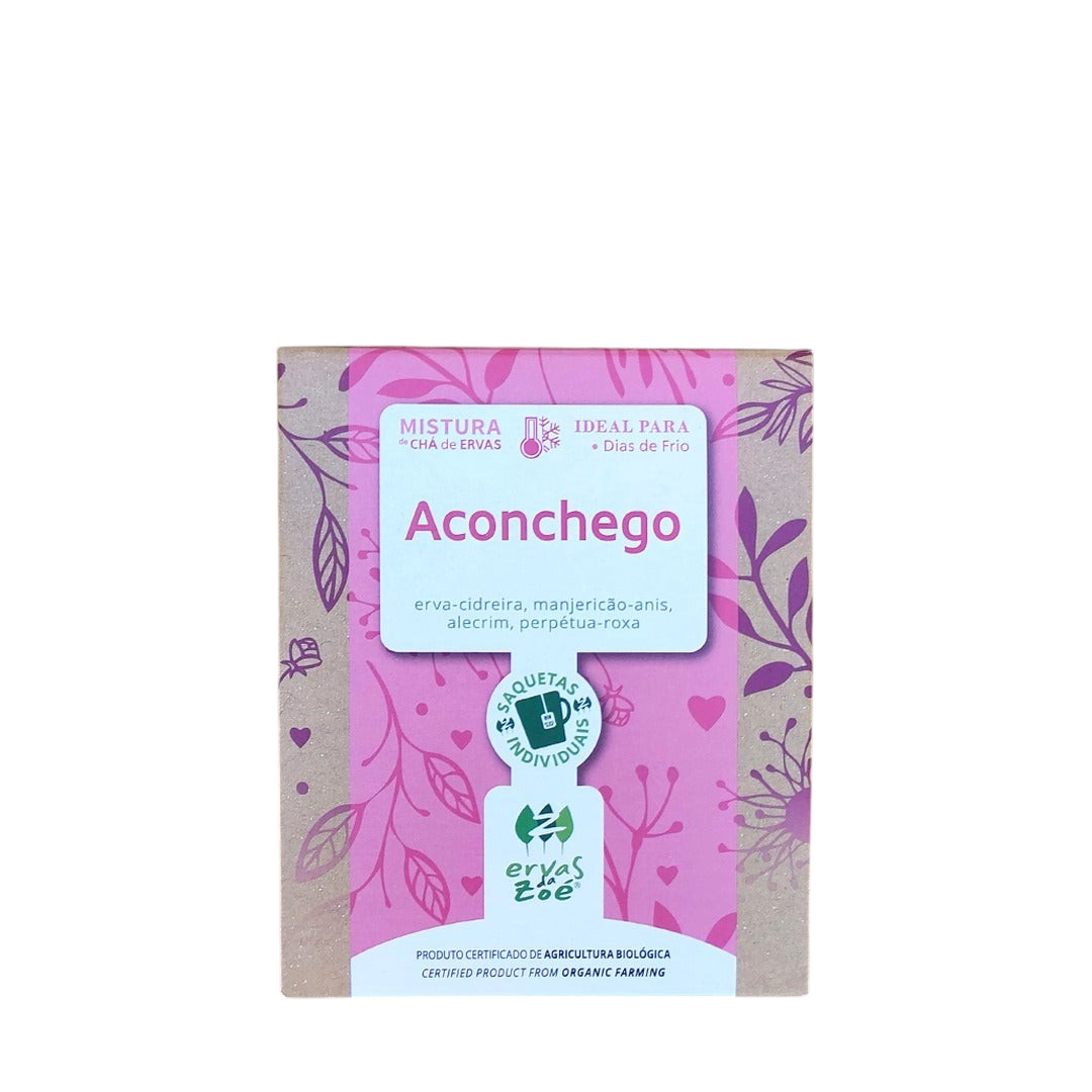 Colheita Ervas da Zoé Aconchego organic herbal tea box with pink floral design on a natural stone background