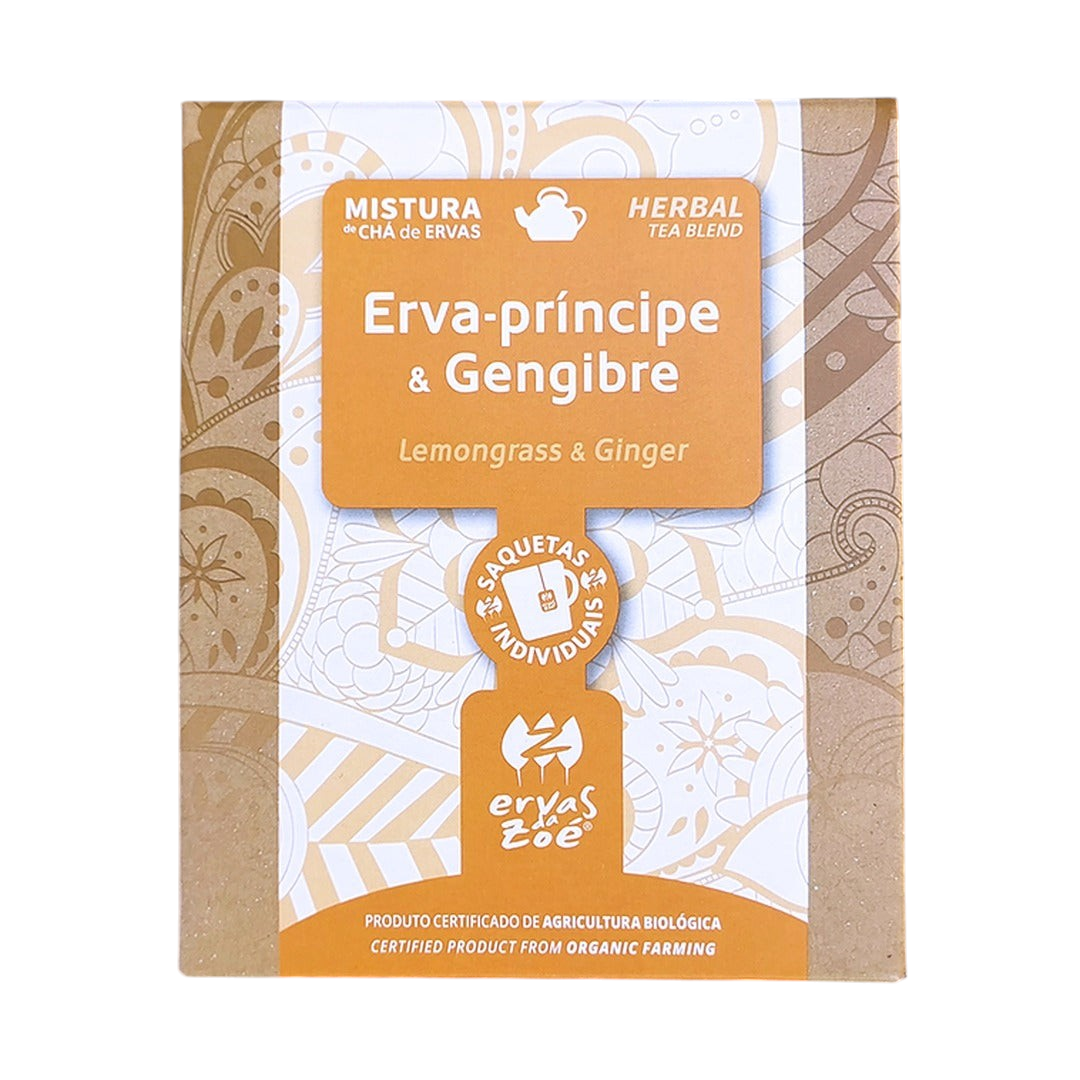 Colheita Ervas da Zoé organic lemongrass and ginger herbal tea blend in a decorative box with floral patterns