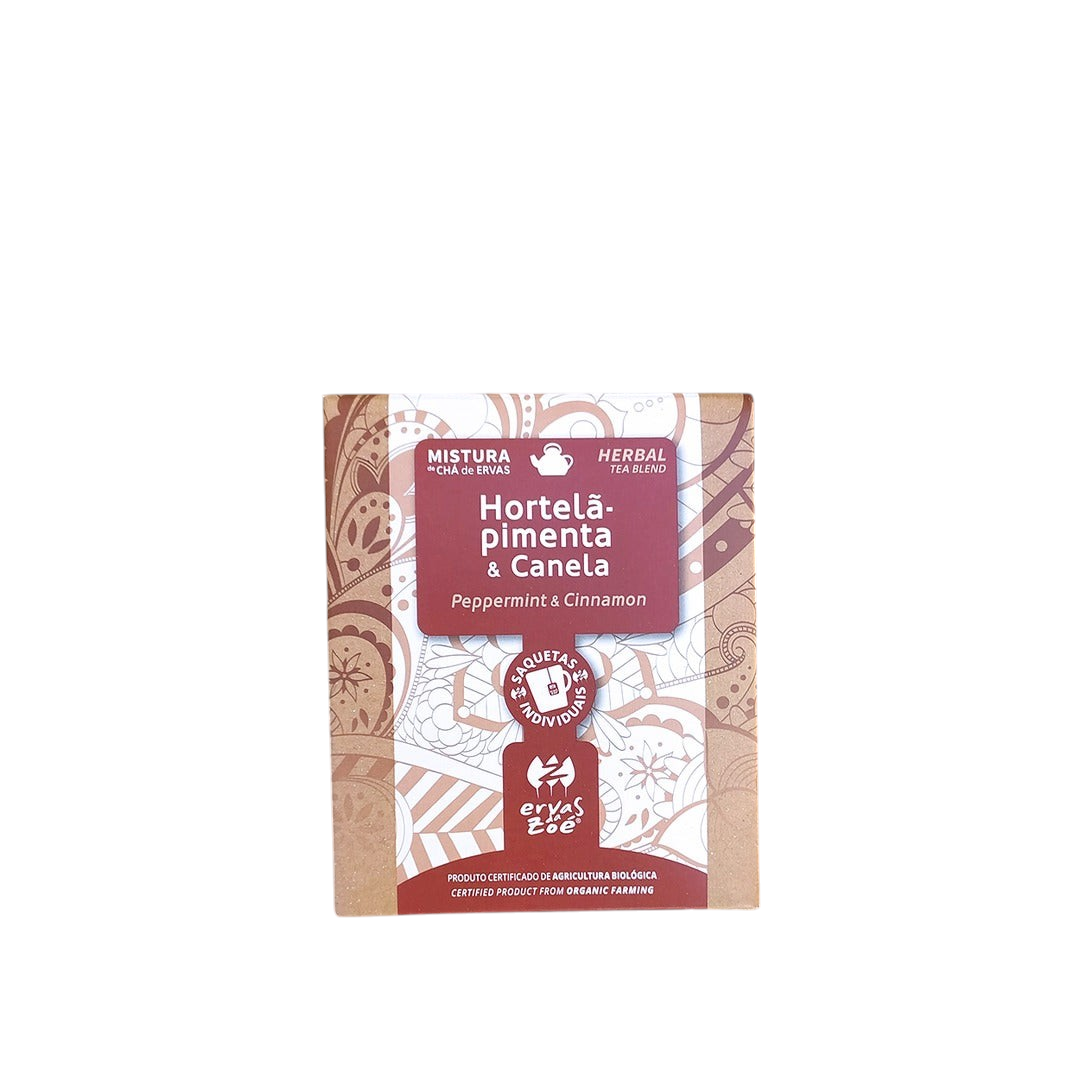 Colheita Ervas da Zoé organic peppermint and cinnamon herbal tea blend box on a textured stone background
