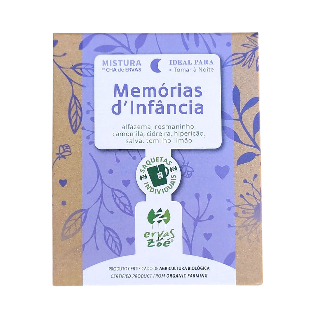 Colheita Ervas da Zoé Memórias d'Infância organic herbal tea box with lavender, rosemary, and chamomile blend.