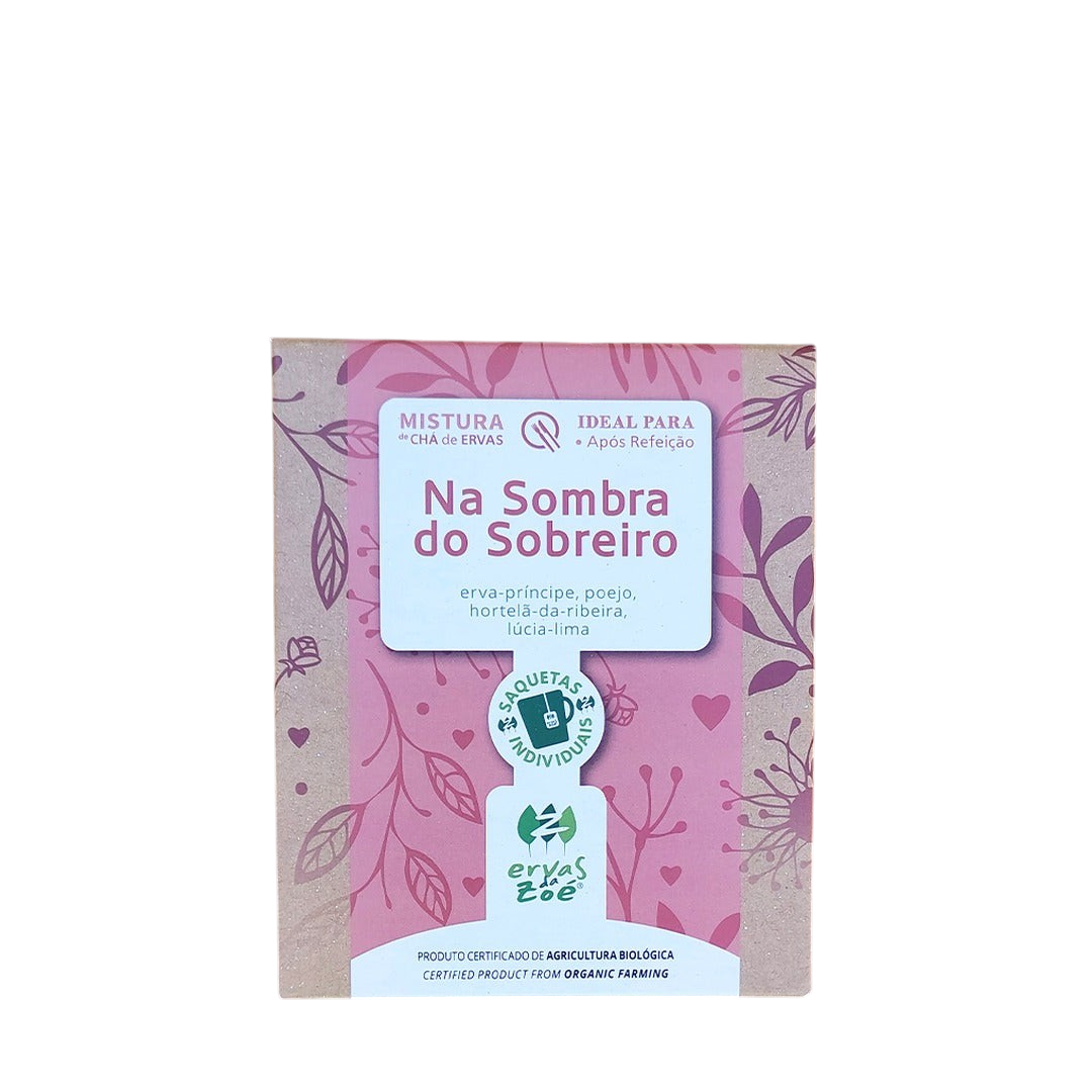 Colheita Ervas da Zoé Na Sombra do Sobreiro herbal tea box with pink floral design on a textured stone background