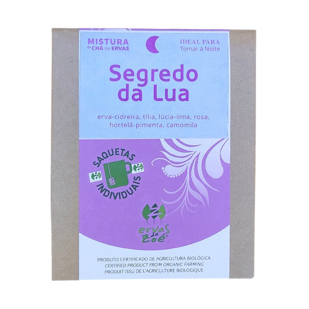 Colheita Ervas da Zoé Segredo da Lua organic herbal tea blend in a kraft paper box for nighttime relaxation.