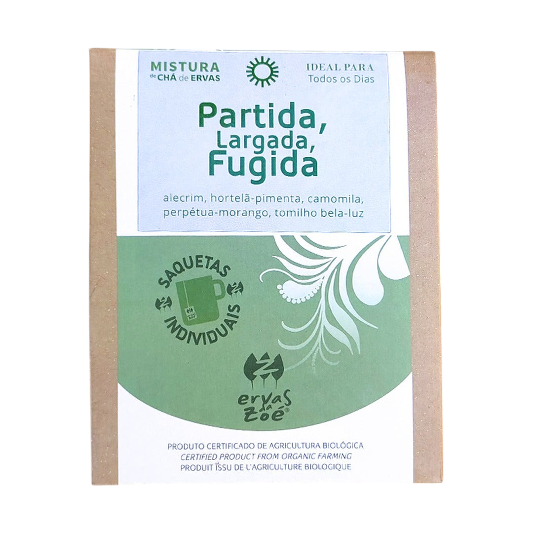Colheita Ervas da Zoe Partida, Largada, Fugida organic herbal tea box with rosemary, peppermint, and chamomile.