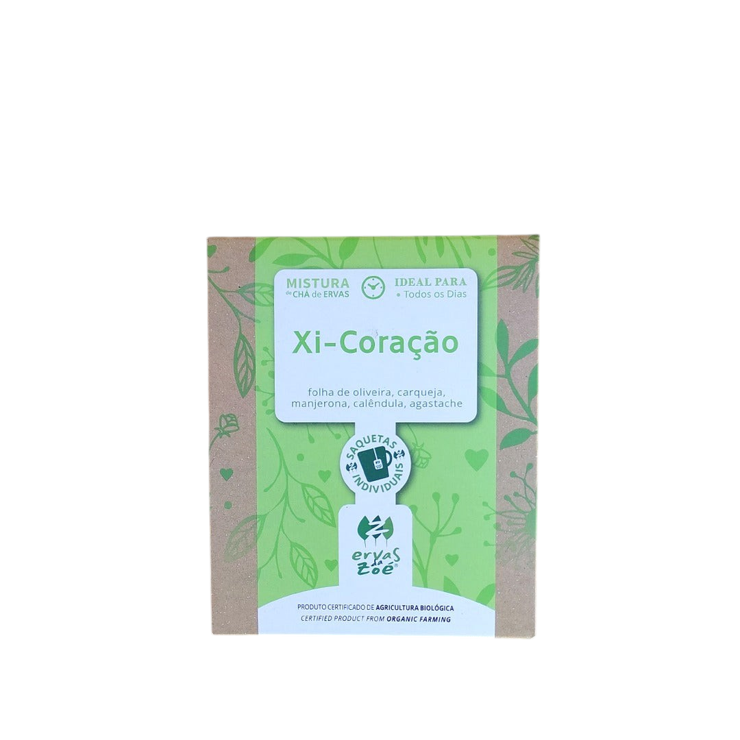 Colheita Ervas da Zoe Xi-Coracao organic herbal tea blend box with olive leaf, marjoram, calendula, and agastache.
