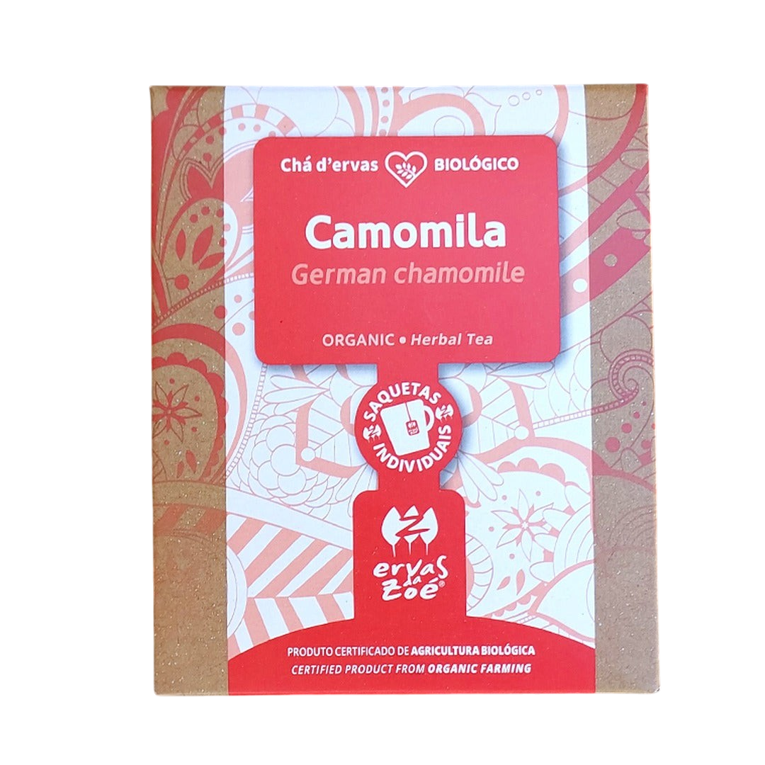 Colheita organic German chamomile herbal tea sachet box with red and kraft paper packaging design