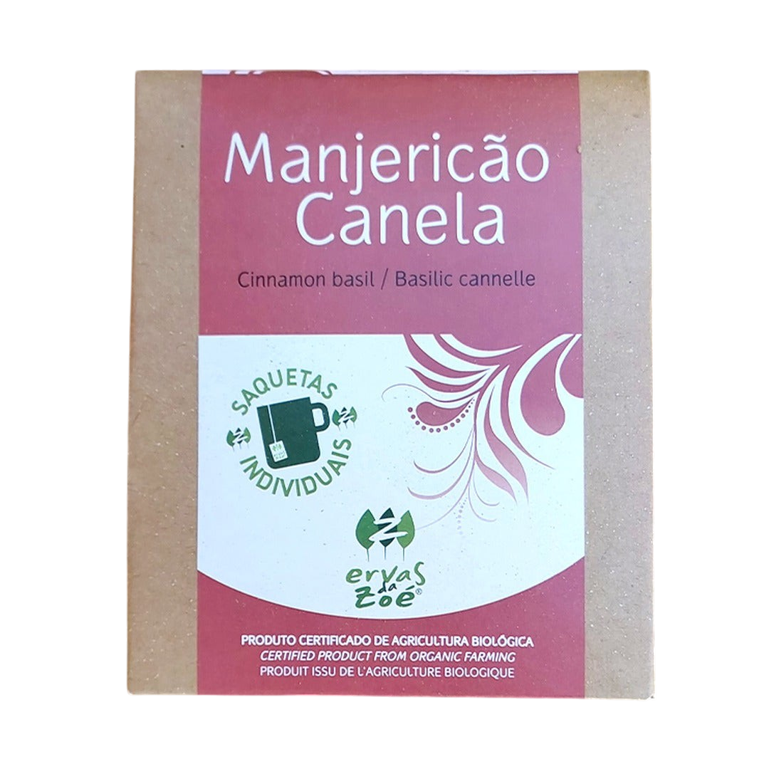 Colheita organic cinnamon basil herb tea sachet box with natural brown paper packaging and red label