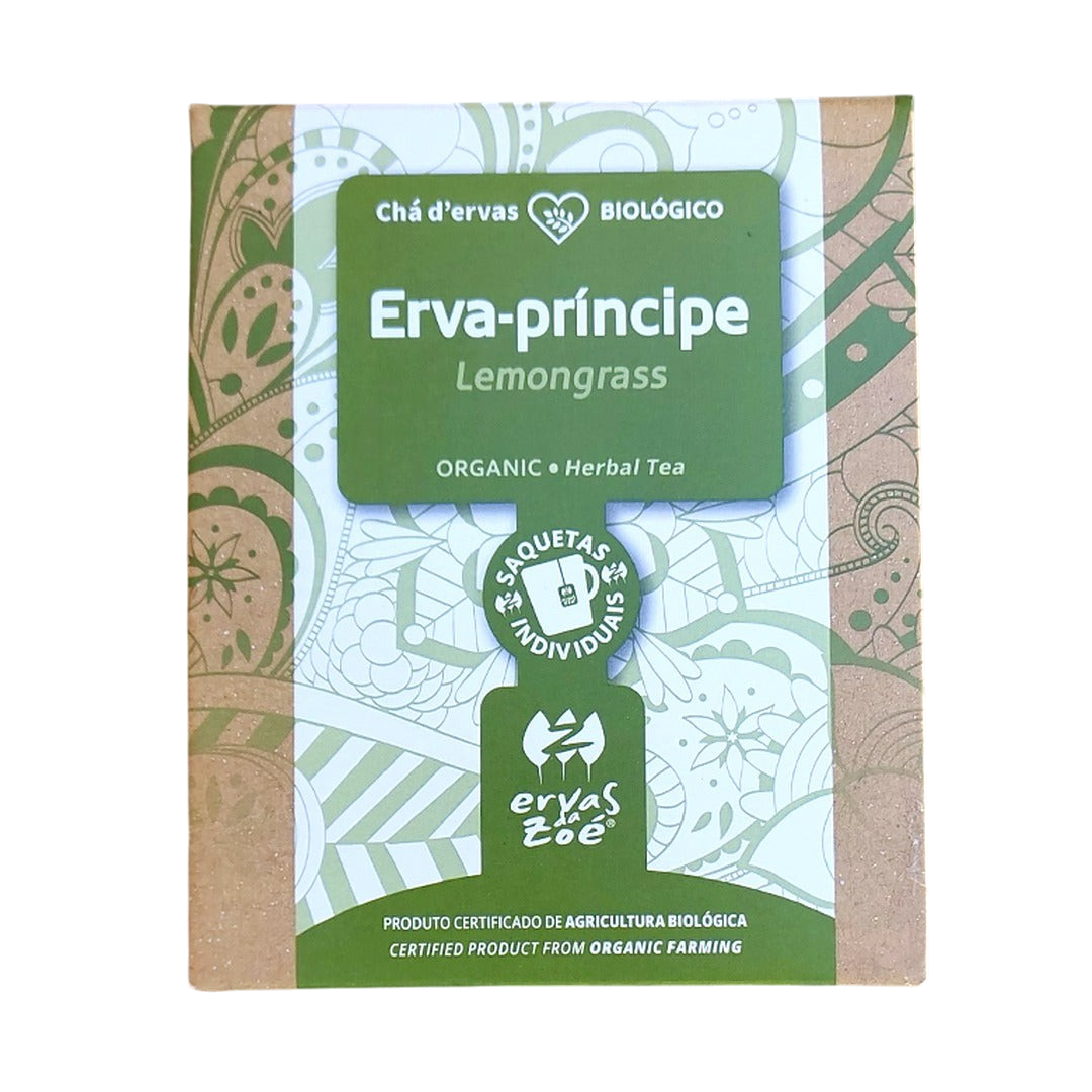 Colheita organic lemongrass herbal tea sachet box with green botanical pattern and eco-friendly paper packaging