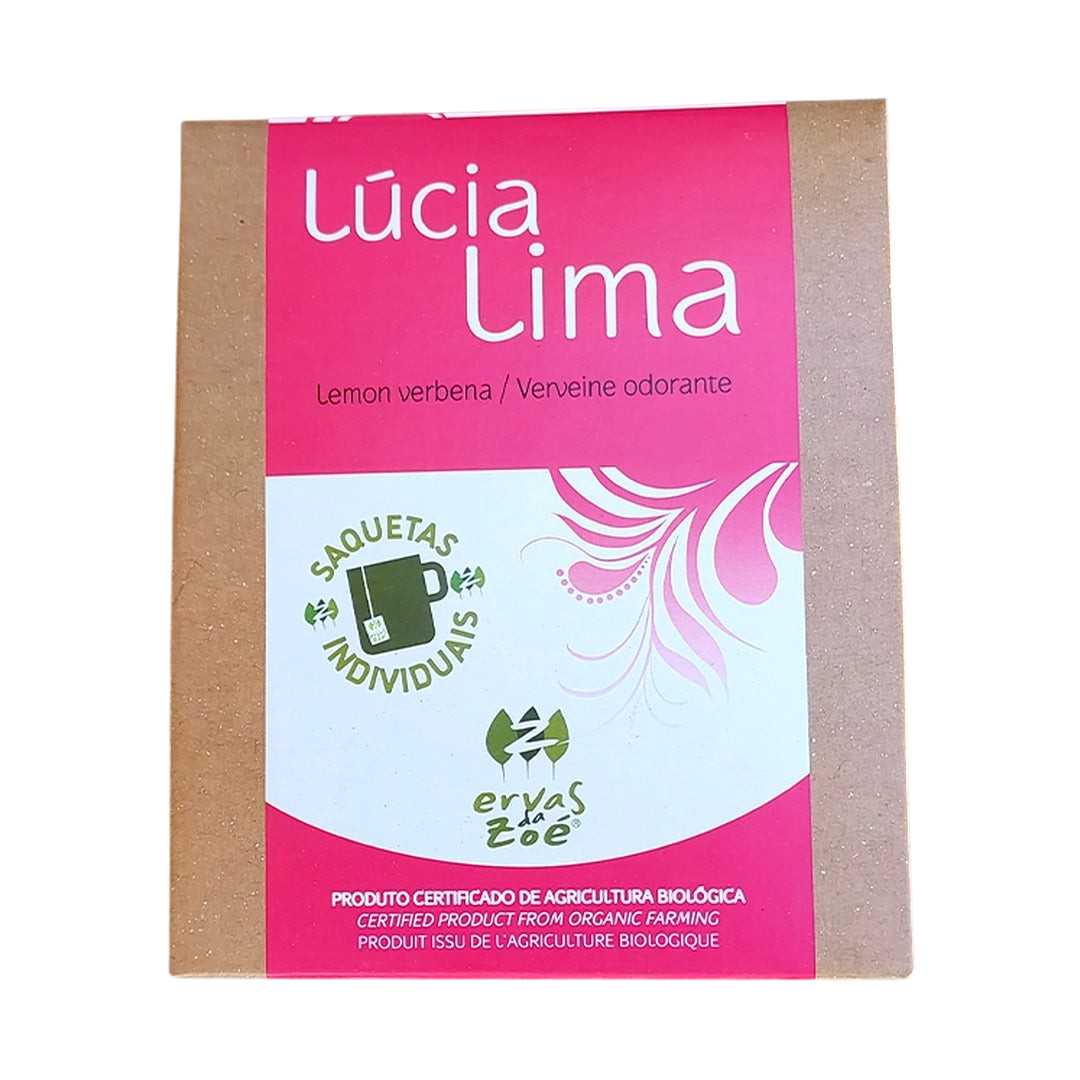Colheita organic Lucia Lima lemon verbena single herb tea sachet box with pink label on a natural stone background