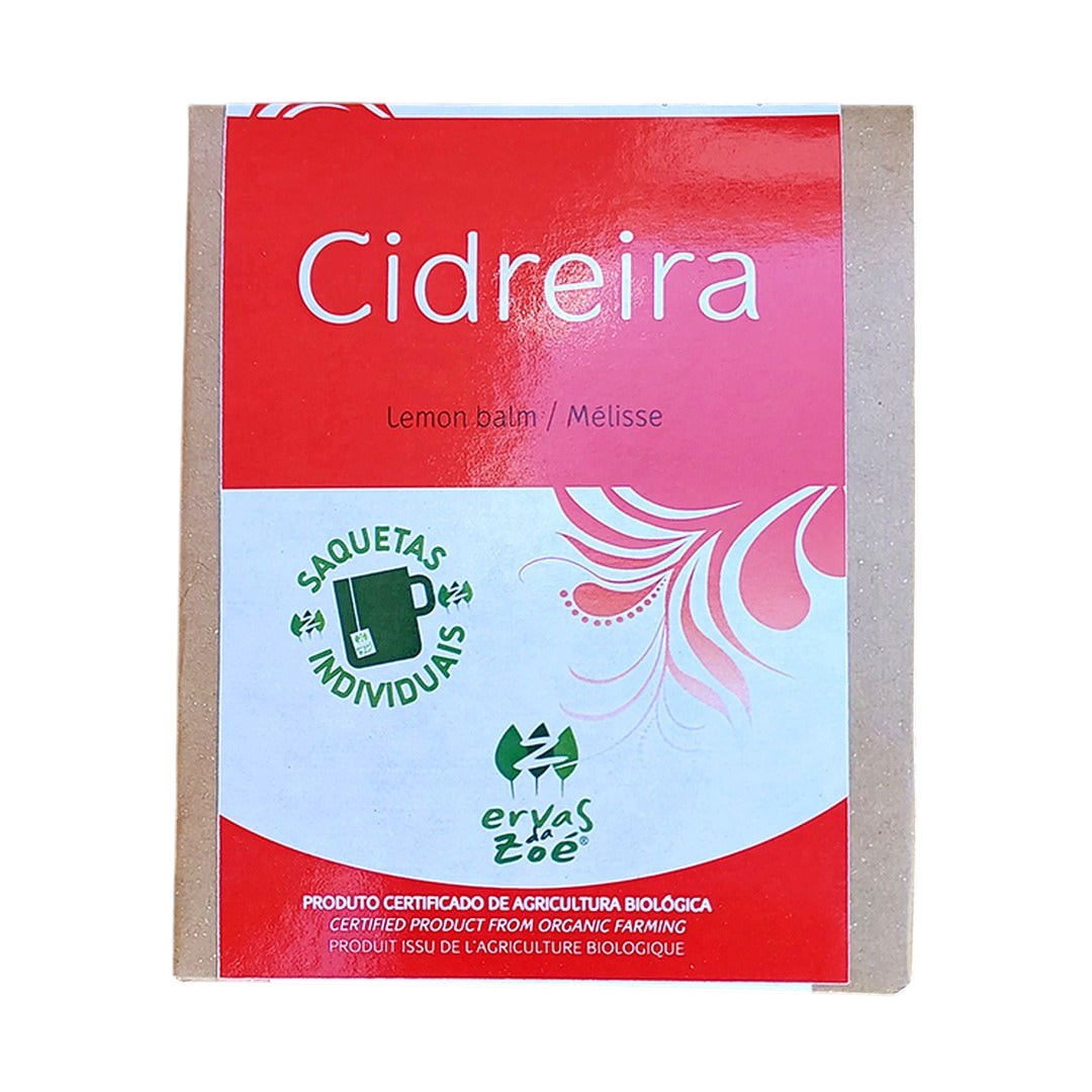 Colheita organic lemon balm tea sachets in a red and brown box on a stone background