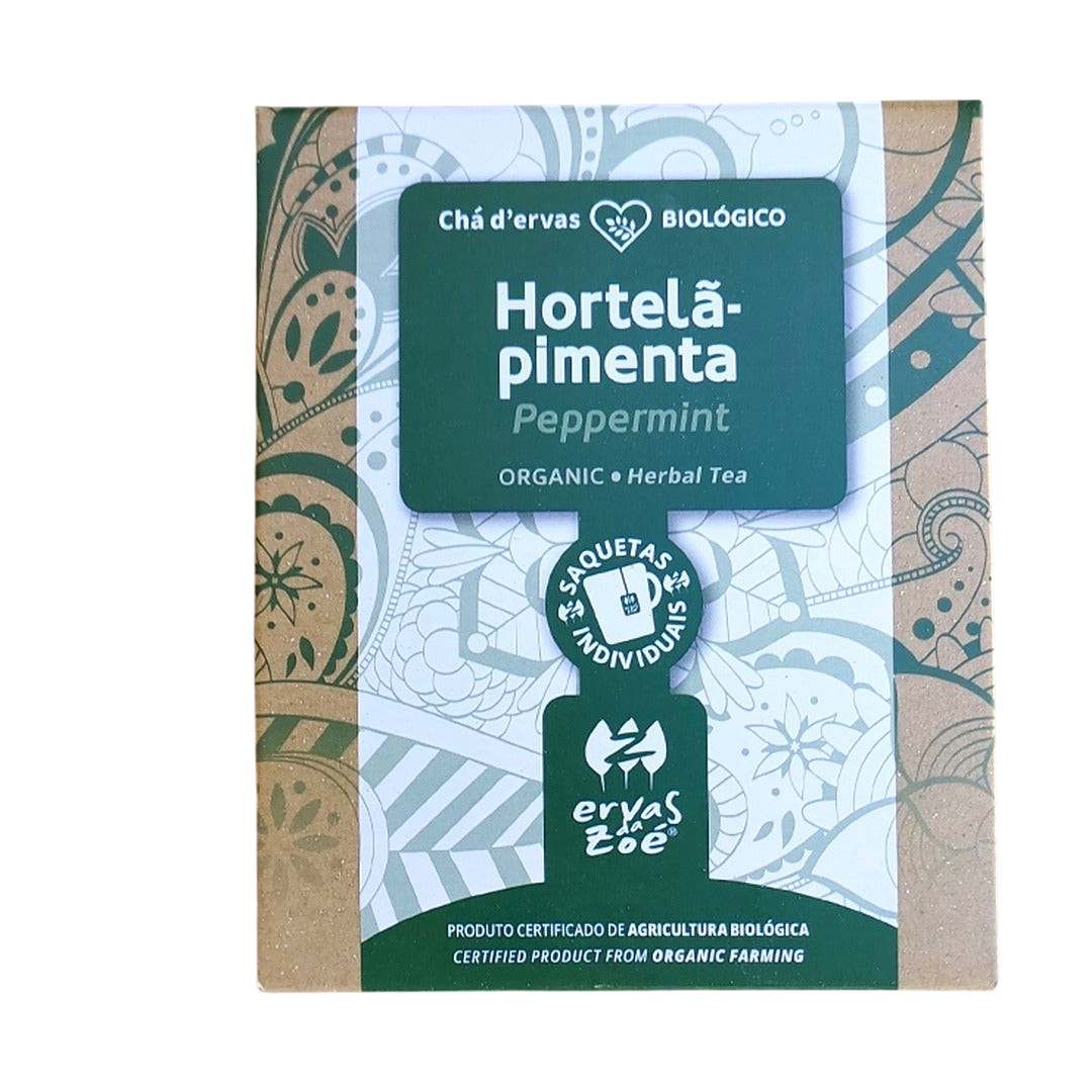 Colheita organic peppermint herbal tea sachets in a decorative kraft paper box with green botanical illustrations.
