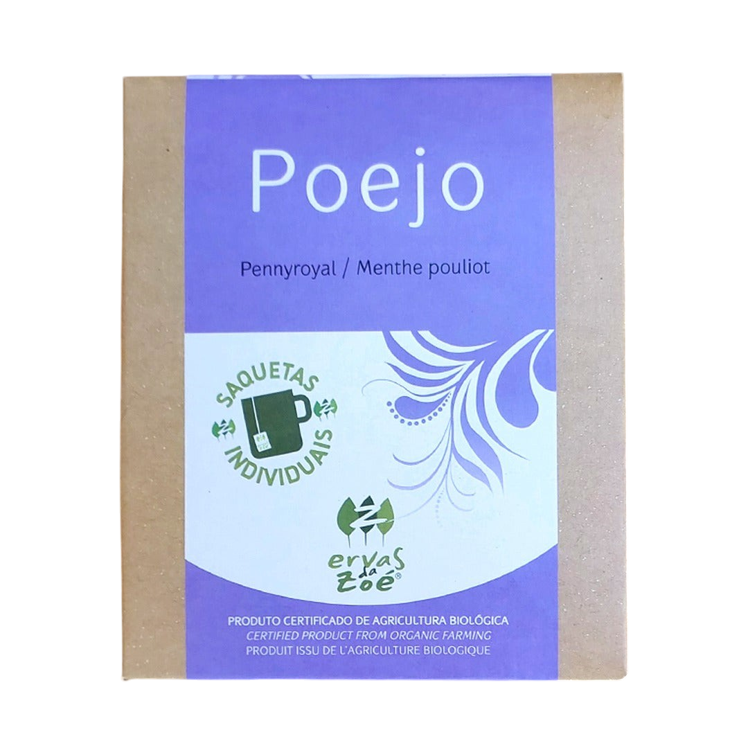 Colheita organic Poejo pennyroyal herb tea sachet box with purple label on a natural stone background